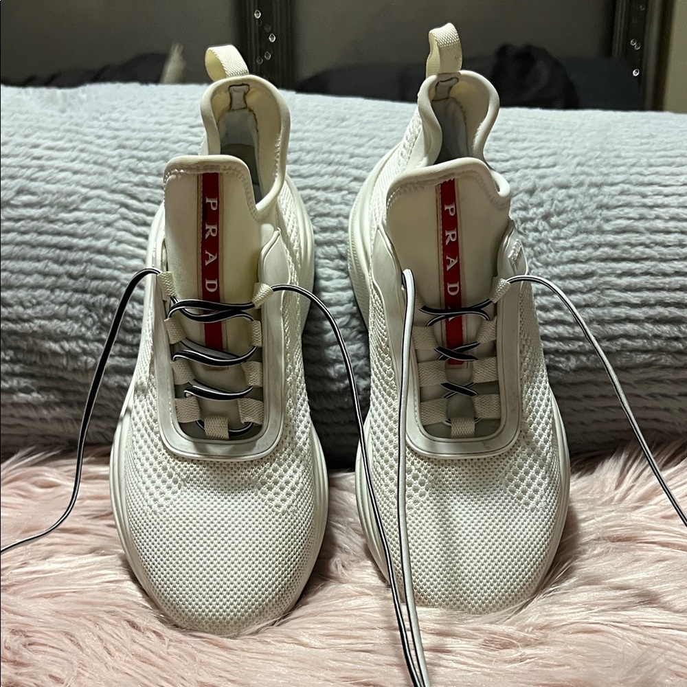 Prada Ivory Mesh Sneakers with Red Accents